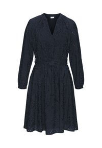 Navy mekko pitkilla hihoilla, kukkakuvioinen silkkiverkko, V-pääntie, solmittava vyötärö ja A-linjainen siluetti. Pehmeä kangas, jossa on monimutkainen tekstuuri.