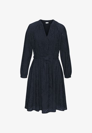 Navy mekko pitkilla hihoilla, kukkakuvioinen silkkiverkko, V-pääntie, solmittava vyötärö ja A-linjainen siluetti. Pehmeä kangas, jossa on monimutkainen tekstuuri.