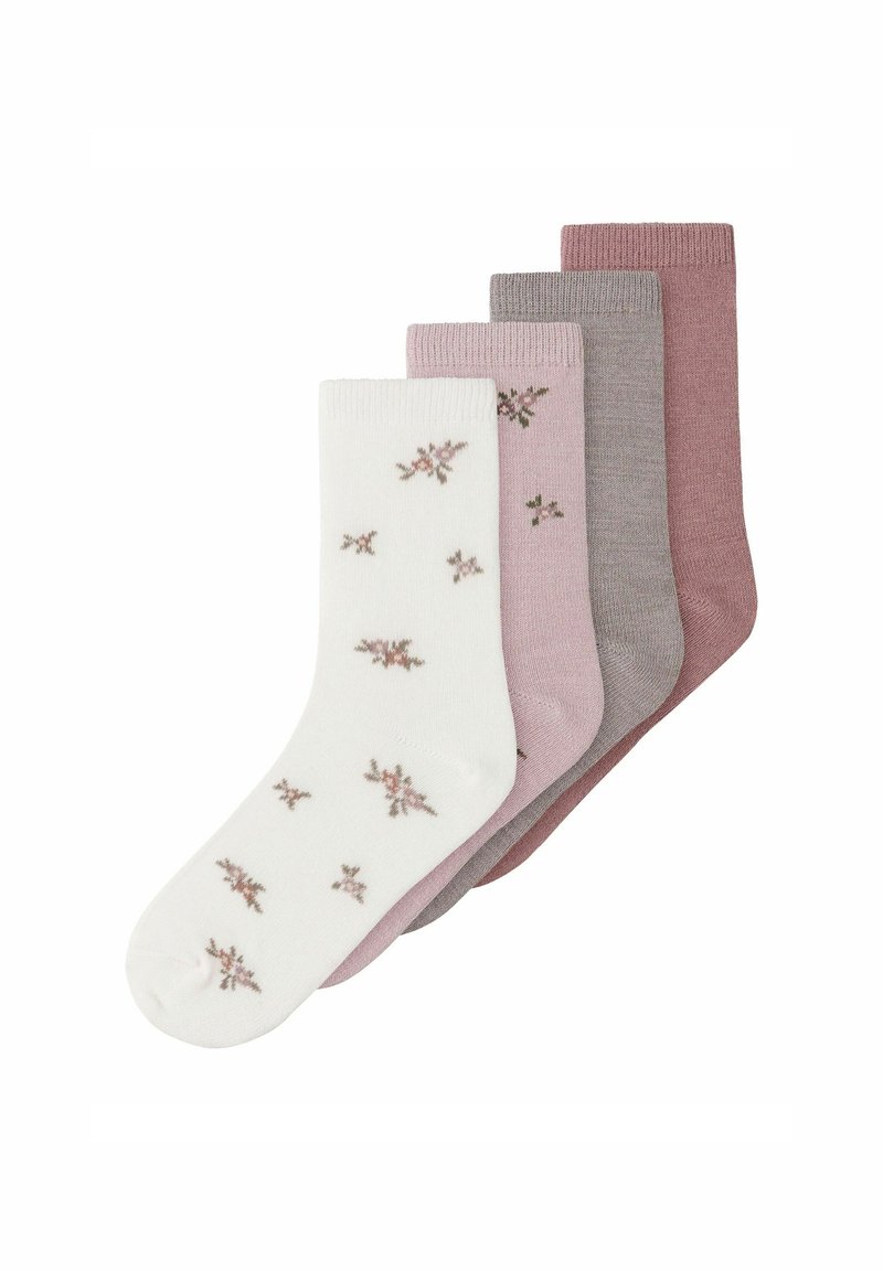 Fire par af bomuldsstrømper i hvid, lys pink, grå og mørk pink. Det hvide par har et blomstermønster, mens de andre er ensfarvede.