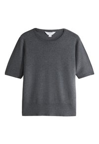 Tamnosivi džemper kratkih rukava s okruglim izrezom i opuštenim krojem. Ima mekanu teksturu i rebraste rubove na izrezu i donjem rubu.