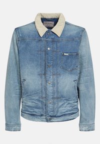 Light blue denim jacket with a cream-colored corduroy collar, button closure, and one chest pocket. Features faded texture and stitching details.