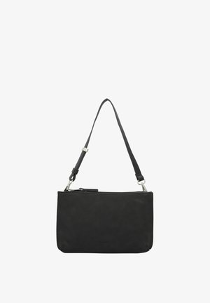 Sac en cuir noir à bandoulière avec fermeture à glissière, de forme rectangulaire slim, bandoulière réglable et accents en métal argenté.