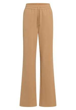 Beige Hosen mit weitem Bein, elastischem Bund und Kordelzug, aus glattem Stoff, vor weißem Hintergrund dargestellt.