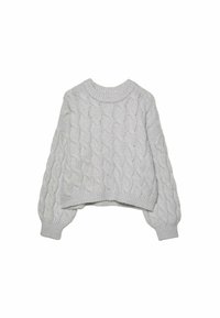 Grauer Strickpullover mit Rundhalsausschnitt und Ballonärmeln. Kurzes Design mit gerippten Bündchen und Saum, das durchgängigen strukturierten Stoff aufweist.