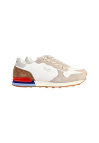 Zapatillas deportivas en blanco, ante beige y cuero marrón. Presentan un acento a rayas colorido en el talón y una suela texturizada.