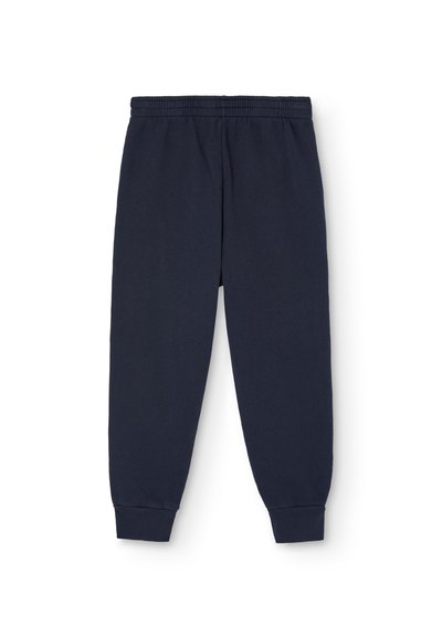 Marineblaue Sweatpants aus weichem Baumwollmaterial, mit einem elastischen Bund und schmalen Bündchen, einer glatten Textur und ohne sichtbare Muster.