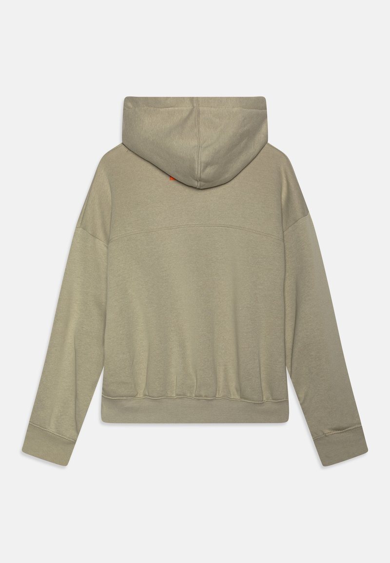 Felpa con cappuccio in taupe chiaro, realizzata in morbido misto cotone. Presenta una vestibilità comoda, polsini a coste e un orlo rifinito con un accento arancione.