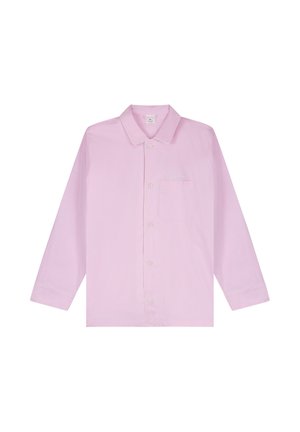 Jasnoróżowa koszula na długi rękaw zapinana na guziki, z kołnierzykiem, kieszenią na piersi oraz subtelnym białym przeszyciem na mankietach i krawędziach kołnierza.