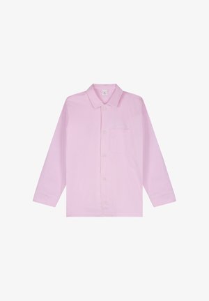 Lyserød langærmet skjorte med knapper, krave, brystlomme og diskret hvid syning på ærmekanter og kravekanter.