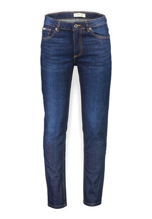 Mörkblå denimjeans med slim fit, med fem fickor, kontrastsöm och knäppning i midjan.