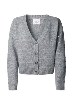 Gray knit cardigan with V-neck, long sleeves, ribbed cuffs and hem, and four front buttons.