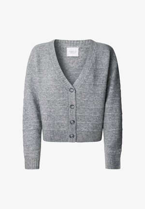 Grauer Strickcardigan mit V-Ausschnitt, langen Ärmeln, gerippten Bündchen und Saum sowie vier vorderen Knöpfen.