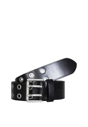 Black leather belt with silver double-prong buckle and multiple large metal eyelets along its length, coiled against white background.