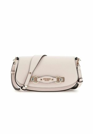 Sac bandoulière beige en matériau synthétique avec fermeture à rabat. Présente une quincaillerie en ton argent et un logo embossé. Sangle réglable incluse.