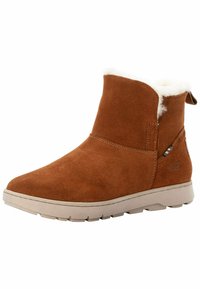 Braune Wildleder-Ankle Boots mit Kunstfellfutter, gepolstertem Kragen und Gummisohle. Verfügt über einen seitlichen Reißverschluss für einfaches An- und Ausziehen und minimalen Akzenten.