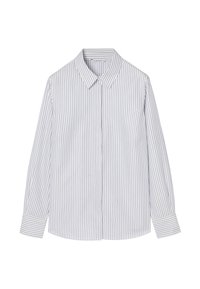 Chemise à manches longues rayée bleu clair et blanc, dotée d'un col pointu, d'une fermeture à boutons et d'un ourlet droit avec manches à revers.