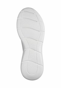 Semelle en caoutchouc blanche avec un motif de texture antidérapante. Présente des rainures distinctes pour la traction et une marque de taille imprimée. Fini lisse.