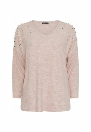 Top de manga larga en tono rosa claro con escote en V, fabricado en tejido de punto texturizado. Decorado con acentos de perlas y cuentas metálicas en los hombros. Corte casual.
