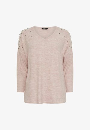 Top de manga larga en tono rosa claro con escote en V, fabricado en tejido de punto texturizado. Decorado con acentos de perlas y cuentas metálicas en los hombros. Corte casual.