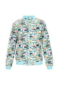 Giacca bomber con zip caratterizzata da uno sfondo azzurro chiaro e un motivo tropicale di auto e fogliame. Polsini e colletto a coste in blu coordinato.