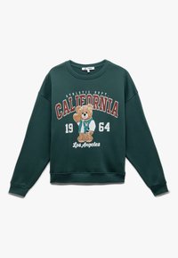 Grön sweatshirt med rund hals, prydd med en björnmed en varsity-jacka och texten: "CALIFORNIA 1964" och "Los Angeles."