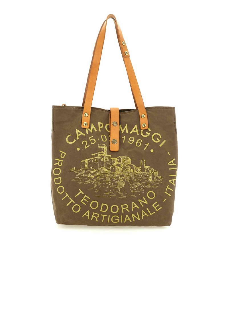 Borsa tote in tela marrone con stampa gialla e grafica. Presenta cinturini in pelle e una chiusura centrale con bottoni metallici.