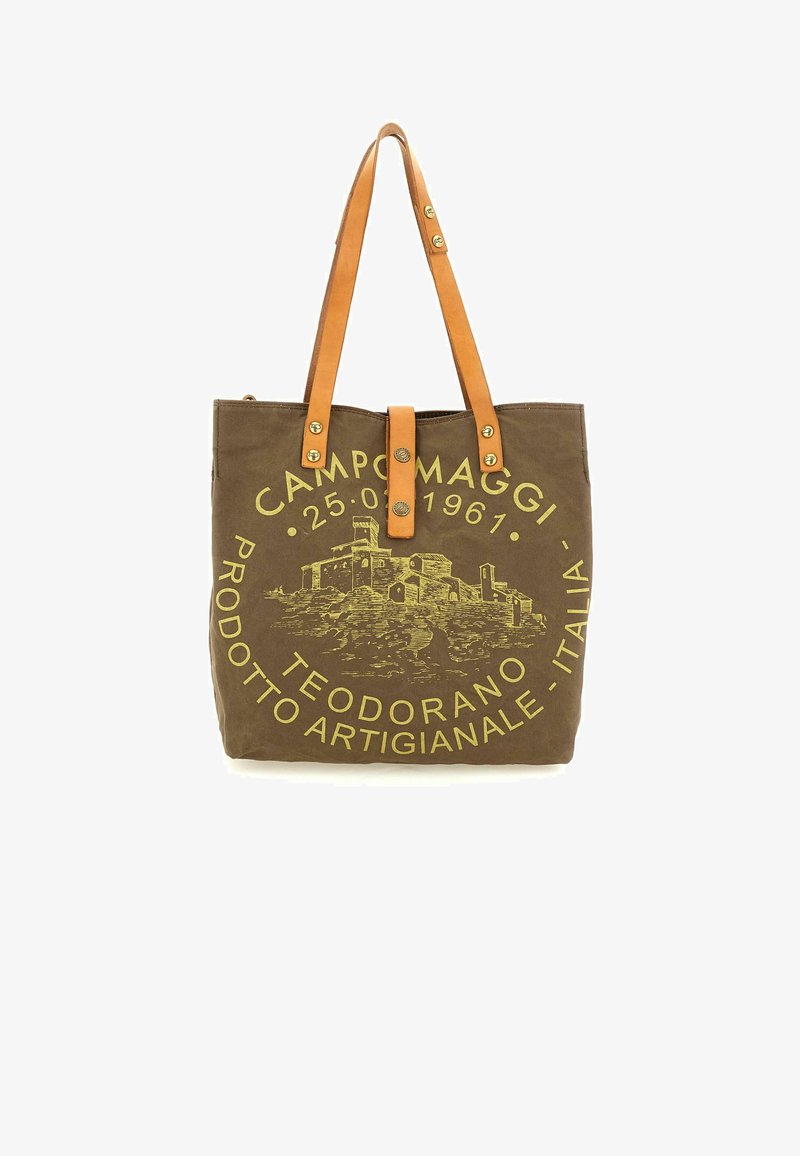 Borsa tote in tela marrone con stampa gialla e grafica. Presenta cinturini in pelle e una chiusura centrale con bottoni metallici.
