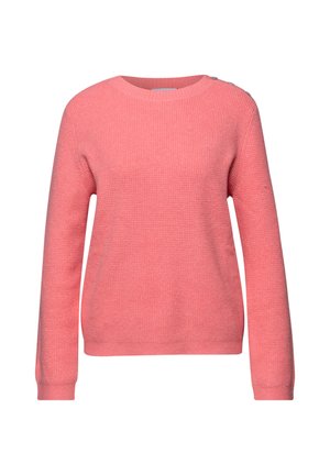 Měkký růžový dlouhý svetr z pleteniny s kulatým výstřihem a třemi knoflíky na levém rameni, žebrované manžety a lem.