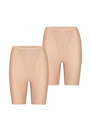 Tělové stahovací šortky s hladkou texturou, sahající do poloviny stehen, bez viditelných švů pro nenápadné nošení pod oblečením.