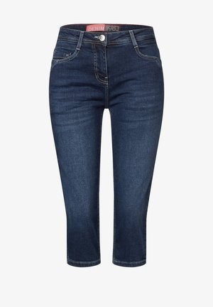 Dunkelblaue Capri-Jeans aus Denim, mittlere Leibhöhe mit fünf Taschen, sichtbaren Nähten und einem Knopfverschluss an der Taille.