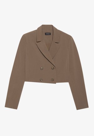 Cropped brown blazer made of smooth fabric, featuring a notched collar, double-breasted button closure, and long sleeves.