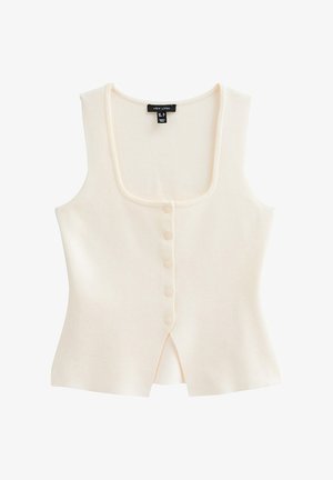 Cream-colored sleeveless top with a square neckline, five front buttons, and a small center slit at the bottom. Soft fabric texture.