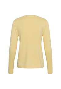 Pull à manches longues, jaune clair, col rond, montré de dos avec un design uni et des poignets ajustés.