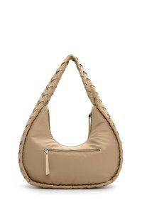 Beige, hobo-style bag with a woven strap, smooth texture, zippered pocket on the front, and rounded shape. Durable fabric construction.