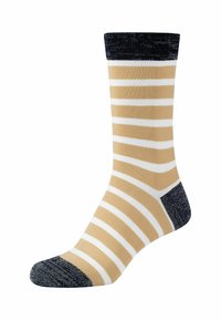 Beige og hvidstribet sok med en mørk marineblå kant og forstærket hæl. Blød tekstur og mellemlang design.