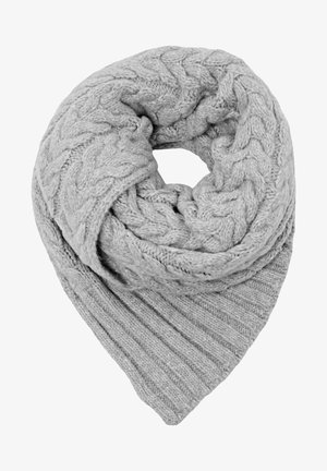 Écharpe tricotée gris clair avec motifs torsadés et côtes, roulée en forme circulaire avec un centre ouvert.