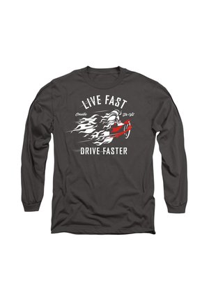 Black long-sleeve t-shirt featuring a graphic of a red car and white text: "LIVE FAST" and "DRIVE FASTER," with flame accents.