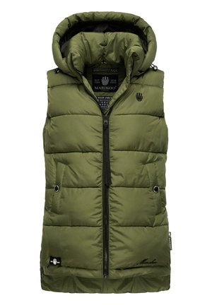 Mouwloos donkergroen doorgestikt puffer-vest met capuchon, ritssluiting aan de voorkant, zijzakken en merklabels op de borst en zoom.