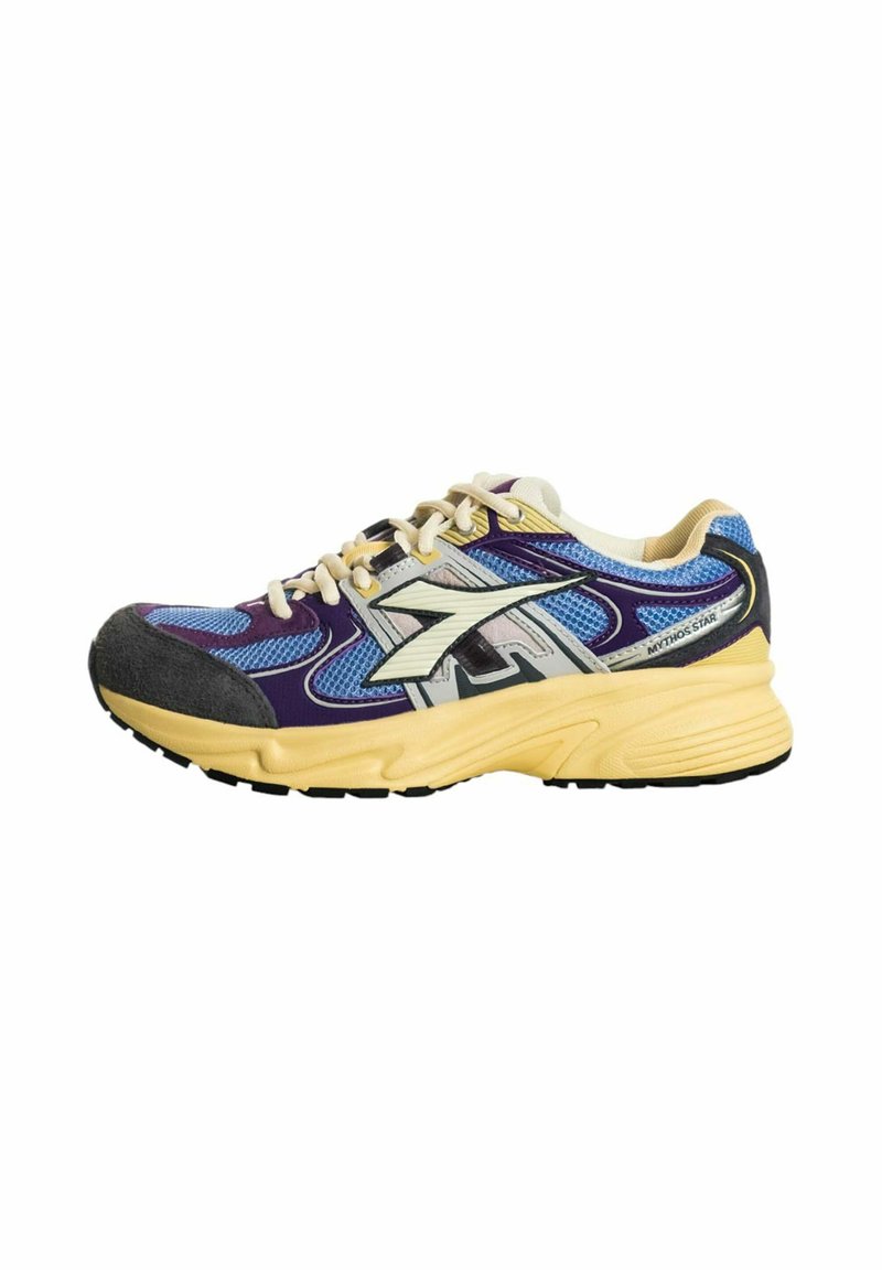 Scarpe da ginnastica viola e blu con una tomaia in tessuto testurizzato, intersuola gialla, cappuccio della punta grigio e suola nera, con accenti multicolori.