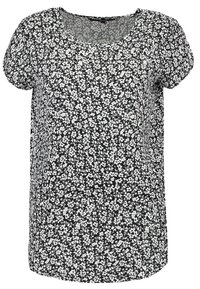 Černá krátká halenka s bílým květinovým vzorem. Kulatý výstřih. Měkká látka s volným střihem a rovnými lemy.