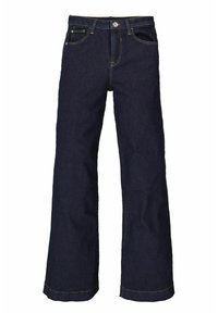 Donkerblauwe denim jeans met rechte pijpen, voorzijde met knoop en rits, en gele stikseldetails.