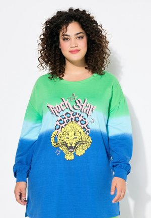 Langärmliges Sweatshirt mit Farbverlauf von Grün zu Blau, featuring ein Leoparden-Motiv und pinkem "Rock Star"-Text. Aus weichem Baumwollmaterial.