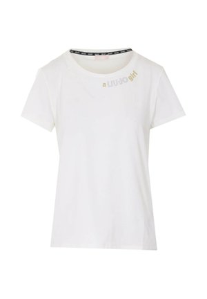T-shirt bianca a maniche corte con scollo rotondo, nastro nero del marchio all'interno del colletto e dettaglio testo "a LIU JO girl" vicino alla spalla sinistra.