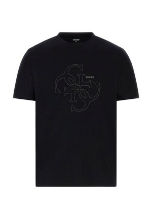 Schwarzes T-Shirt mit kurzen Ärmeln, Rundhalsausschnitt, mit überlappenden G- und S-Buchstaben, die aufgenäht sind, und kleinem "GUESS"-Logo mittig auf der Vorderseite.