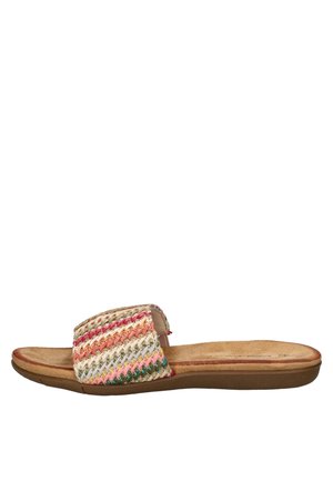 Platte slide-sandaal met meerkleurige gevlochten band en beige gewatteerde zool tegen een witte achtergrond.