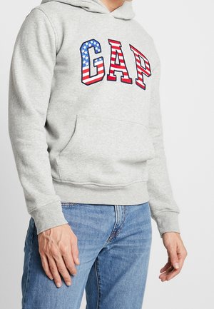 Hellgrauer Hoodie mit "GAP"-Buchstaben im Muster des amerikanischen Flags, getragen mit blauer Jeans an einer stehenden Person.