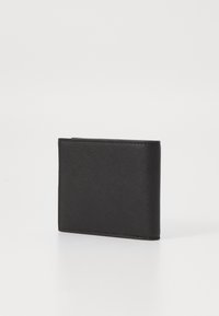 Black leather wallet with a textured surface. Bi-fold design featuring stitched edges and a compact, rectangular shape.