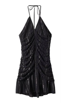 Černé halter šaty s řasenými detaily, s vodorovnými stříbrnými pruhy a rozšířeným lemem. Nastavitelné šňůrky na krku.