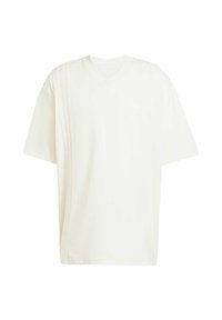 White cotton v-neck t-shirt featuring a unique pleated design on one side, short sleeves, and a relaxed fit. Subtle logo detail on chest.