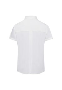 Short-sleeve white blouse featuring a collared neck, back pleat, and smooth fabric with rolled sleeves for a relaxed fit.